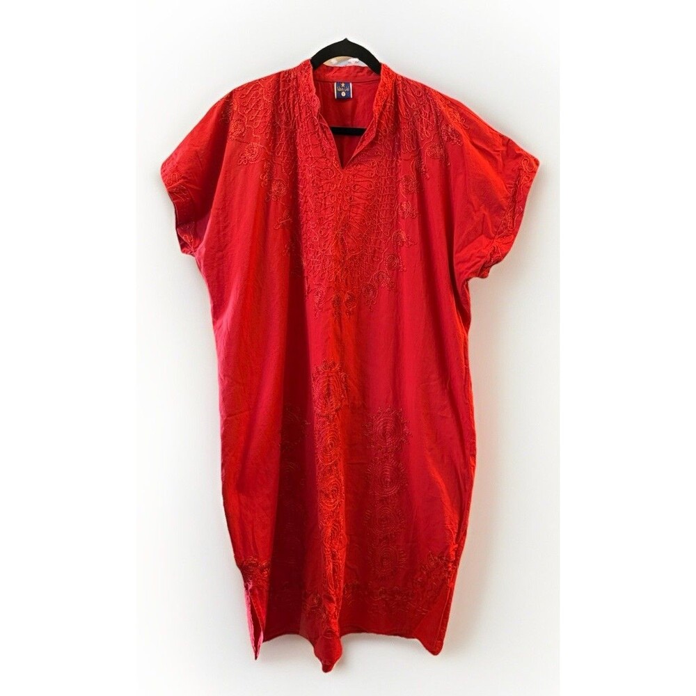 Vintage Red Embroidered Dress Kaftan Mumu Cotton Midi Medium Zeanab & Batta Sz 5